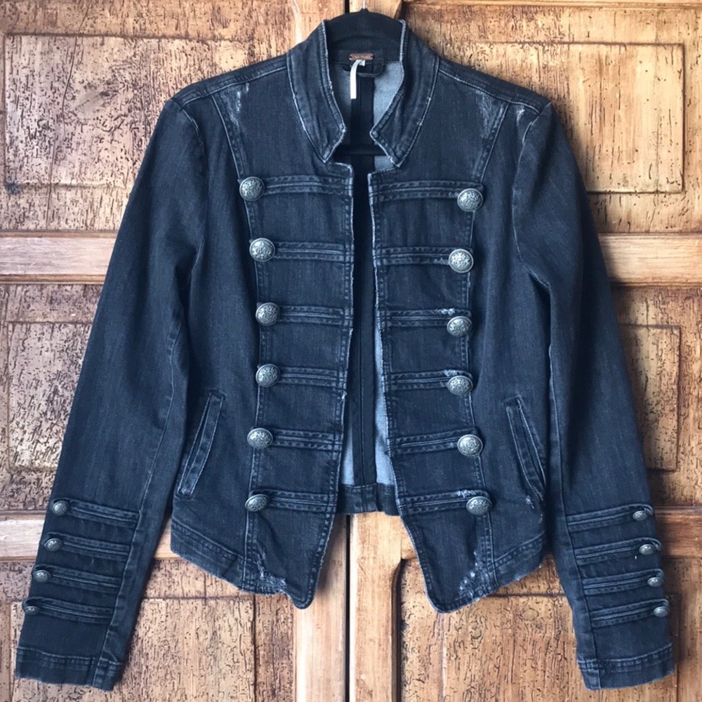 Free People Distressed Black Denim Fitted Military Blazer Jacket Size S